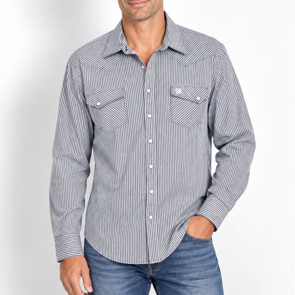 CINCH Men’s XXL Blue White Striped Pearl Snap Western Cowboy Shirt